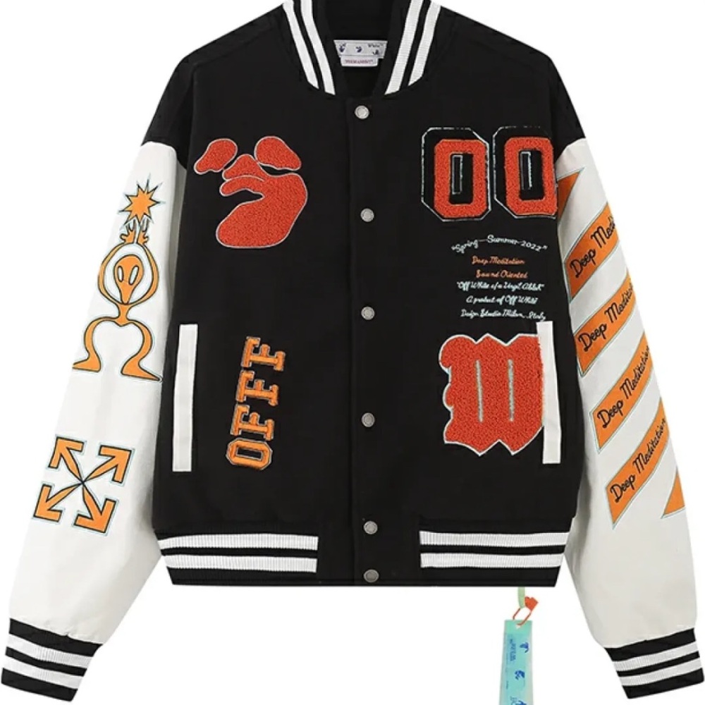 Off-White Black and White Varsity Jacket with Orange Accents